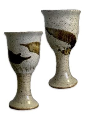 Set of 2 Handcrafted Pottery Goblets Speckled Beige Brown Ceramic Wine Chalice